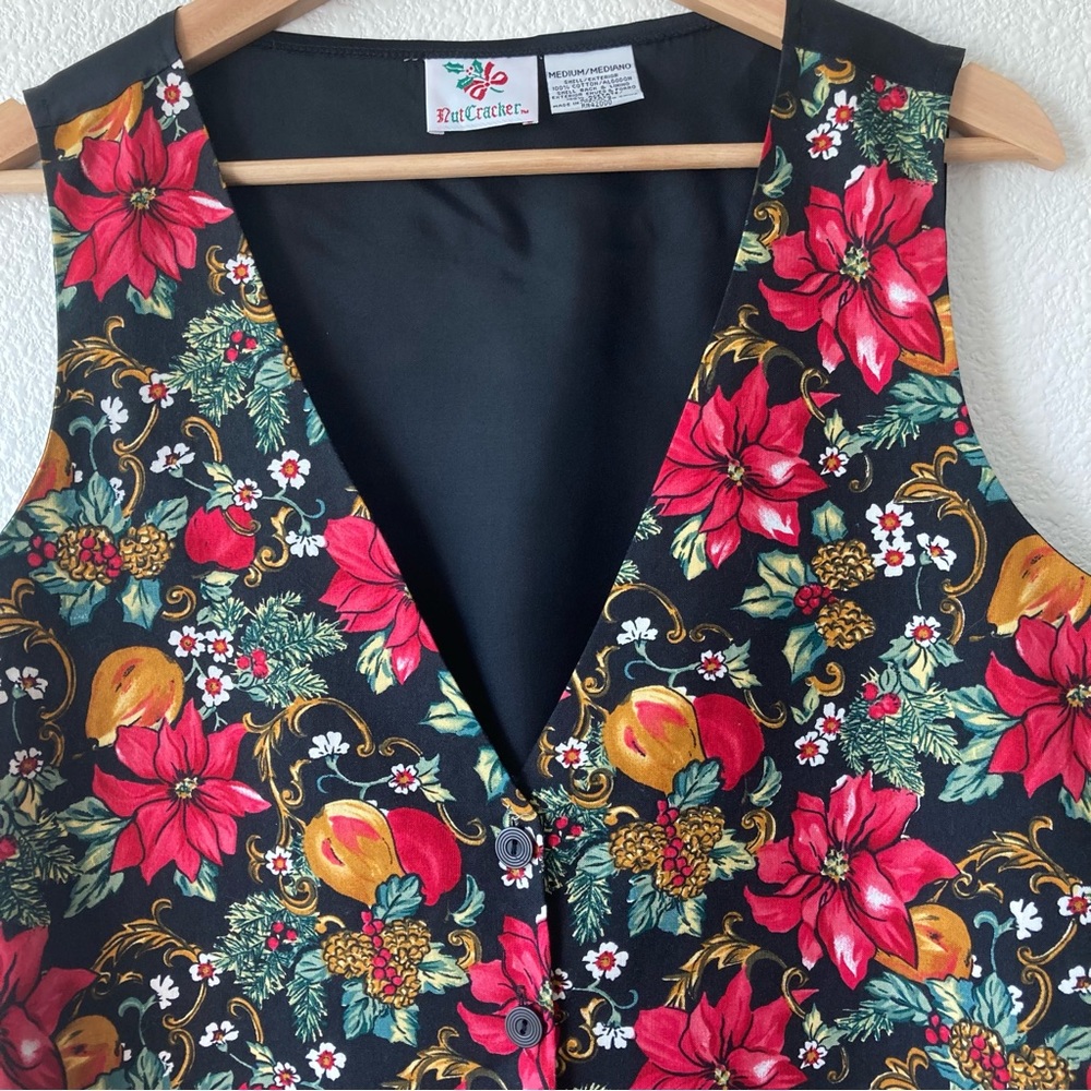 Vintage Boho Vest Novelty Christmas Holiday Floral Medium Black Red Cottagecore - Picture 4 of 16